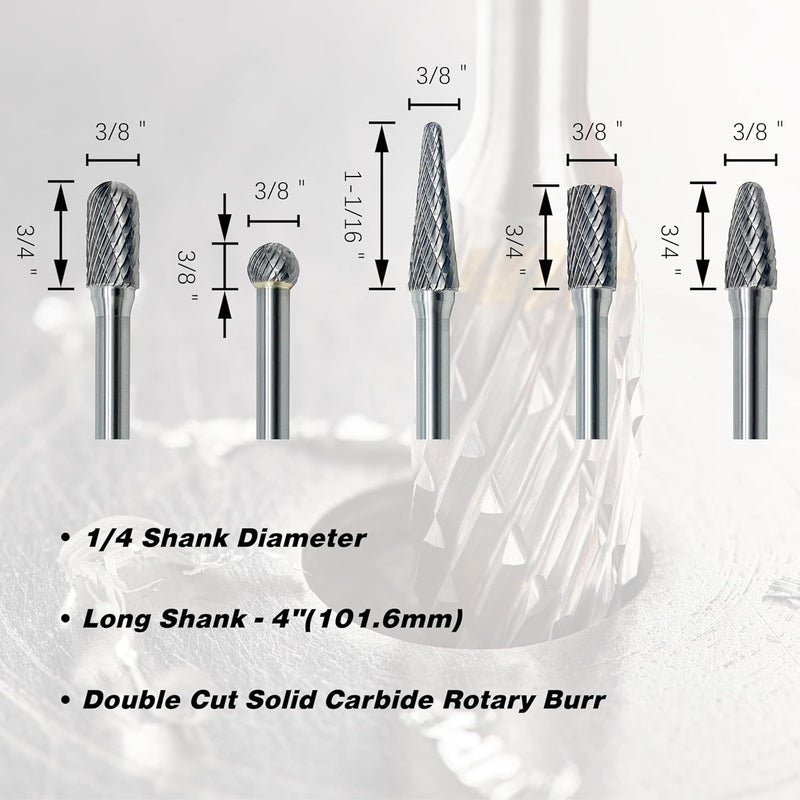 LU&MN Carbide Burrs Set 5pcs Extra Long Shank Carbide Rotery Burr File Double Cut 1/4 Inch Shank 4 Inch Long Burr Bits For Die Grinder Bits by - Image 3